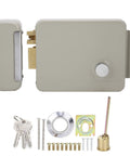 Electric Door Strike Lock Kit Offering Straight Up Dependable Two Way Talk Communication For Easy Access Control Nine To Twelve Volt Electromagnetic Security Strike Mounting Includes Master Keys Heavy Duty Painted Housing For Retail Shops with keys and hardware.
