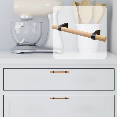 Black T Bar Cabinet Pulls 3.78 Inch Hole Distance, Solid Wood With Aluminum Base installed on kitchen drawer