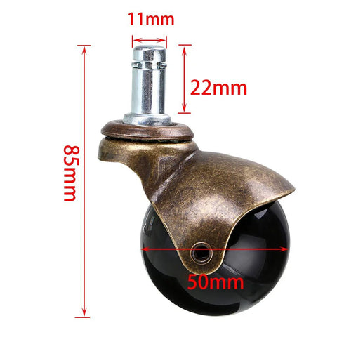 Side view of 2 Inch Grip Ring Swivel Ball Caster Wheels For Furniture Rolling Chairs Office Chairs Dining Chairs Antique Brass Finish Durable Steel And PP.