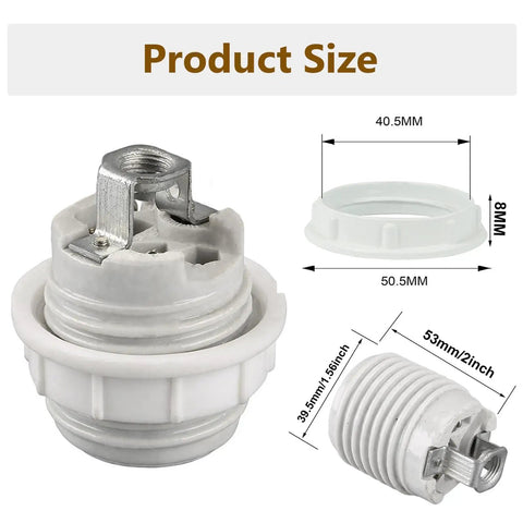Built Rock Solid E26 Ceramic Screw Base Sockets With Premium Aluminum Shade Ring UL Listed Porcelain Lamp Holders For LED CFL Bulbs Plug And Play Fixture Replacement, showing product size dimensions.