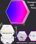 Hexagon Led Light Panels RGBIC Mood Lighting Kit with dimensions, pink and blue color, USB connectors, controller cable.