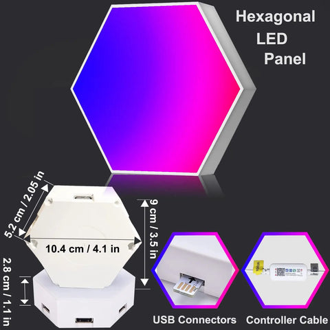 Hexagon Led Light Panels RGBIC Mood Lighting Kit with dimensions, pink and blue color, USB connectors, controller cable.
