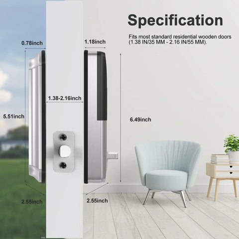 Side view specifications of Keyless Front Door Lock With Fingerprint And Touchscreen Keypad, App Control, Satin Nickel Finish.