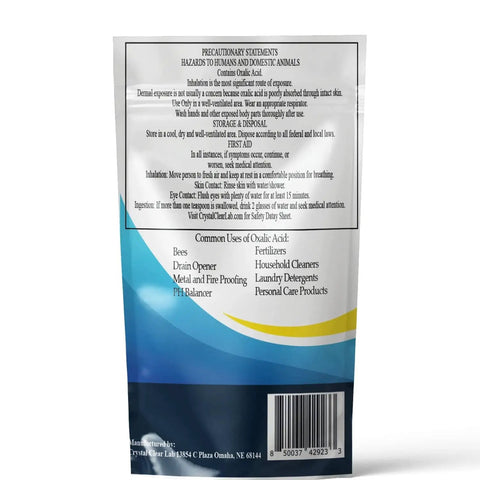 Back view of Oxalic Acid Powder Wood Bleach Pro Grade Industrial Cleaner 2 Pound Bag For Decks Stains Rust And Concrete Removal Easy Dissolve Multi Purpose Fine Powder showing label details.