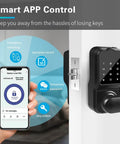 Person using smartphone app with Keyless Entry Door Lock 4 In 1 Smart Deadbolt With Bluetooth App Electronic Keypad IC Card USB Spare Keys Waterproof Easy Install For Home Apartment Hotel Office visible on door.
