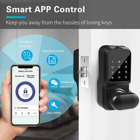 Person using smartphone app with Keyless Entry Door Lock 4 In 1 Smart Deadbolt With Bluetooth App Electronic Keypad IC Card USB Spare Keys Waterproof Easy Install For Home Apartment Hotel Office visible on door.