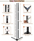 Installation steps for 2 Pack RGB Corner Floor Lamp Set For Living Room showing connection of segments and assembly of base and column.