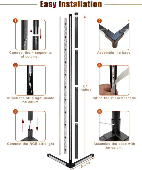Installation steps for 2 Pack RGB Corner Floor Lamp Set For Living Room showing connection of segments and assembly of base and column.
