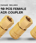 Female Air Coupler Set One Quarter Inch NPT Quick Connect Plug Kit Ten Pack Brass Finish Durable Iron Core With Brass Exterior