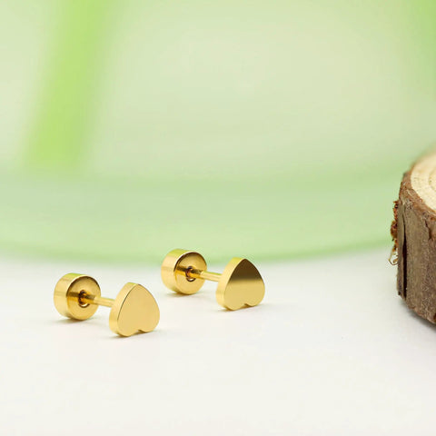 Heart Shaped Titanium Stud Earrings With Flat Back For Sensitive Ears 5mm Gold Tone Screw On Cartilage Earrings Hypoallergenic Nickel Free Lightweight Everyday Wear For Women And Men Skin Safe, side view