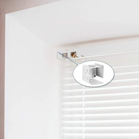 Six Piece 1 Inch White Blind Bracket Set For Box Mounting, Low Profile Headrail Brackets shown mounted in situ with inset detail