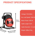 Heavy Duty Electric Drain Snake And Power Auger With Auto Feed, 50 Foot Steel Core Cable, showing specifications and dimensions.