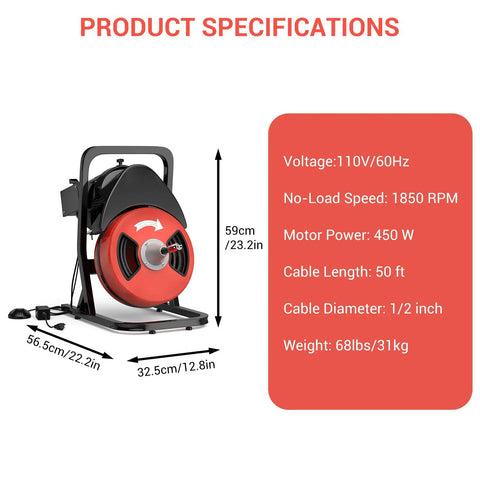 Heavy Duty Electric Drain Snake Auger Auto Feed Sewer Cleaner with 50ft cable, 450W motor, and foot pedal switch.