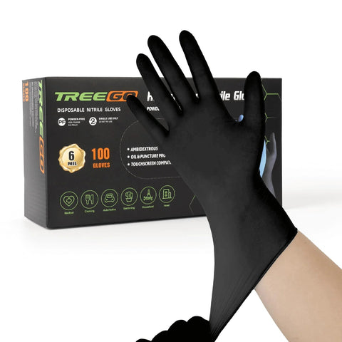 TreeGO 6 Mil black nitrile gloves, medium, 100-count box; disposable, powder-free, textured grip