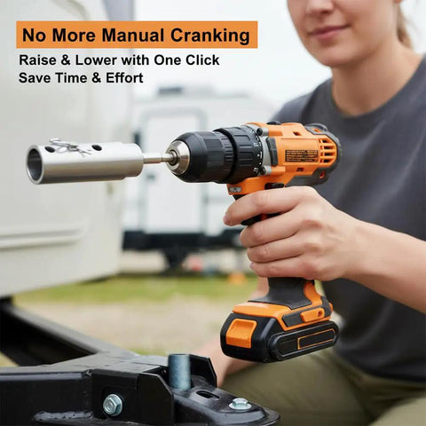 User operating Slick Heavy Duty Trailer Jack Drill Adapter With One Inch Drive Shaft Drop In Cordless Crank Tool for quick lifting.