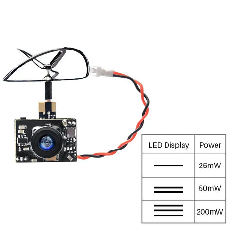 Micro FPV AIO 600TVL Camera with 5.8GHz Transmitter and Cloverleaf Antenna for Tiny Drones, power settings shown