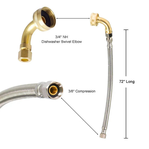 Braided Stainless Steel Dishwasher Connector With 90 Degree Elbow 72 Inch Length 3/8 Inch Compression fitting detail