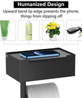 Matte Black Stainless Steel Toilet Paper Holder With Shelf And Wipes Dispenser, phone on top, wall mount storage organizer shown