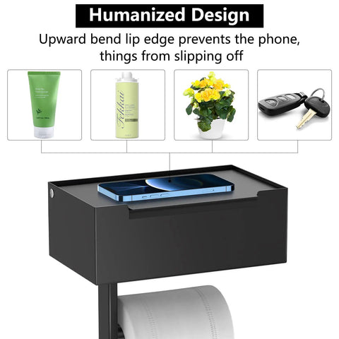 Matte Black Stainless Steel Toilet Paper Holder With Shelf And Wipes Dispenser, phone on top, wall mount storage organizer shown
