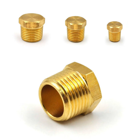 Heavy Duty Brass Hex Pipe Plug Fittings Kit, 24 Pieces, Includes One Eighth Inch, One Quarter Inch, Three Eighth Inch, And One Half Inch NTP Male Thread Plugs, Durable Corrosion Resistant Brass, Leak Proof Seal For Plumbing, DIY, And Home Improvement kit image showing different size brass plugs.