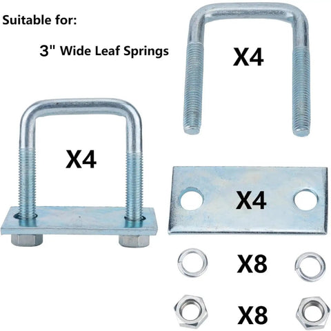 Heavy Duty Leaf Spring Clamp Kit Fits Up To 3 Inch Wide Springs Locks Leaves Tight For Super Axle Torque Control And Sturdy Suspension Stability, 4 Pack, steel clamps and hardware