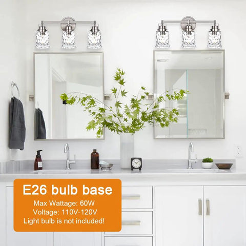 Three Light Vanity Light Over Mirror In Brushed Nickel Finish With Hammered Glass Shade Modern Metal Wall Sconce in bathroom