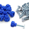 Drop In Hardware Upgrade For Plastic Pet Carriers And Portable Dog Crates Featuring Sixteen Bad Boy Seven Eighth Inch Steel Bolts Matched With No Sweat Blue Thumb Screws.