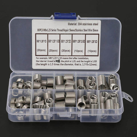 80Pcs M8x1.25 Threaded Inserts Kit in Stainless Steel for Reliable Thread Repair and Reinforcement in storage box