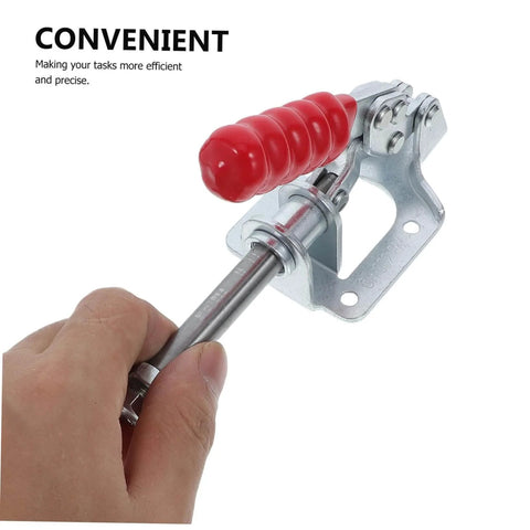 Close-up of a Four Piece Push Pull Toggle Clamps Set For Woodworking And Metal Workholding, showing red handle and metal body.