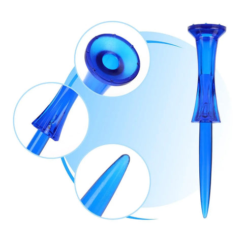 Unbreakable Three And A Quarter Inch Plastic Golf Tees 50 Count Blue, close-up details of head, shaft, and tip design