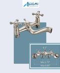 Brushed Nickel Clawfoot Tub Faucet Wall Mount Tub Filler Set With Double Cross Handles in brushed nickel finish, side view.