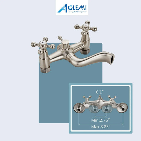 Brushed Nickel Clawfoot Tub Faucet Wall Mount Tub Filler Set With Double Cross Handles in brushed nickel finish, side view.