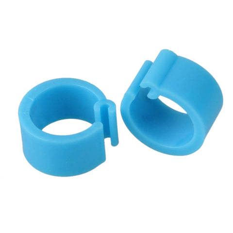 Two blue 100 Pcs Pigeon Leg Bands 8mm Blue Identification Clip Rings Plastic Bird Markers for easy flock identification.
