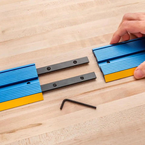 Low Profile Straight Edge Guide Rail Kit Extension Setup For Circular Saw Router And Jigsaw shows aluminum rail pieces aligning.