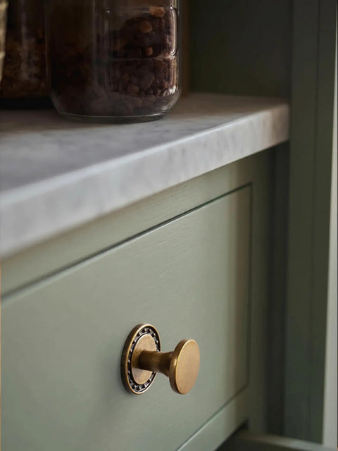 Antique Brass Cabinet Knobs With Backplate Beaded Round Hardware on kitchen drawer, zinc alloy vintage farmhouse vibe