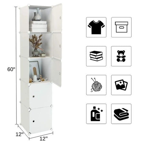 Five Cube Organizer Narrow Cabinet Shelves with Doors 11.8 Inch Cubes Plastic Storage Rack for Bedroom Living Room and Office