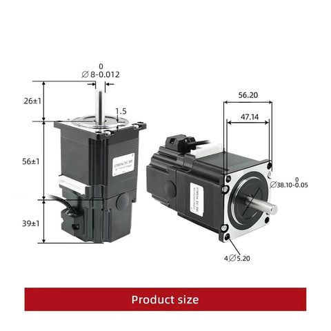 Front and side view of two NEMA23 stepper motors with brakes, black housings, metal shafts, 56mm body