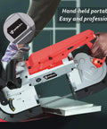 Portable Band Saw Workhorse With Upgraded Removable Alloy Steel Base For Smooth 45 Degree To 90 Degree Metal Cutting, shown in use