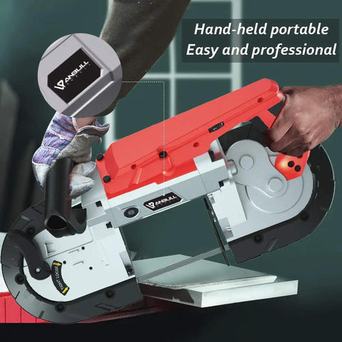 Portable Band Saw Workhorse With Upgraded Removable Alloy Steel Base For Smooth 45 Degree To 90 Degree Metal Cutting, shown in use