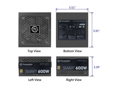 600W 80 Plus Gold Non Modular ATX Power Supply with Ultra Quiet 120mm Fan, top, bottom, left, and right side views with dimensions