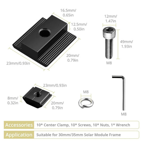 10 Pack Aluminum T Shaped Solar Panel Center Clamps For 30mm And 35mm Rail Mid Clamps Mounting Brackets Rail Connector