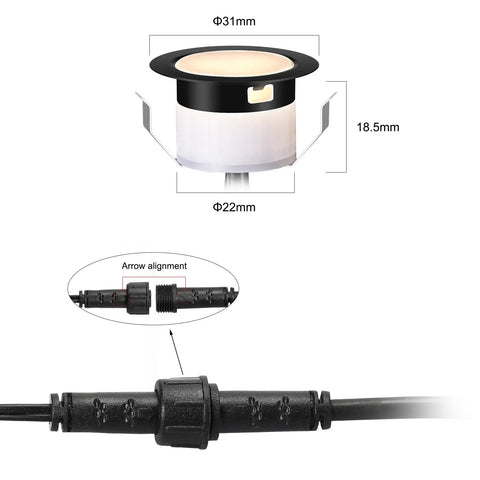 Warm White 16 Pack Recessed LED Deck Lights, 1.22 Inch Diameter, 0.94 Inch Mount Hole, diagram of LED light and cable connection