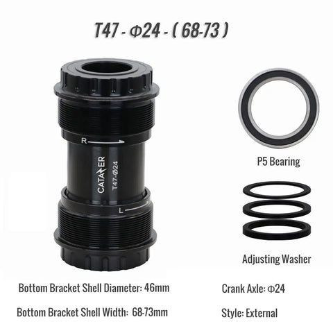 Road Bike T47 Bottom Bracket With Ceramic Bearings For 24 29 30 Mm Crank Spindle Threaded Internal External BB For 68 73 Mm And 86 92 Mm Frames External 24 Mm Smooth Spin, showing bearings and washers.