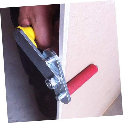 Heavy Duty Drywall Lifter And Gypsum Board Handler With Adjustable Rock Solid Grip showing reinforced clamp on gypsum board.