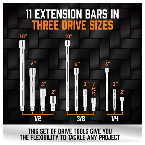 11 extension bars with three drive sizes from 20 Piece Socket Extension Bar Set With One Quarter Inch, Three Eighths Inch And One Half Inch Drives, Universal Joints, Couplers And Shank, CR-V Steel Handy Mechanic Kit For Reaching Tight Spaces.