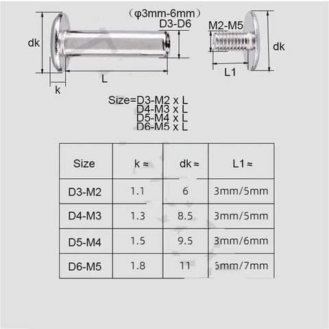 Badass 304 Stainless Steel Binding Screws With Knockout Nickel Polish for M2 to M6 sizes and dimensions for leather work and scrapbooking.