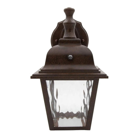 Front view of LED Porch Lantern Outdoor Wall Light In Aged Bronze With Clear Water Glass, Dusk to Dawn Sensor