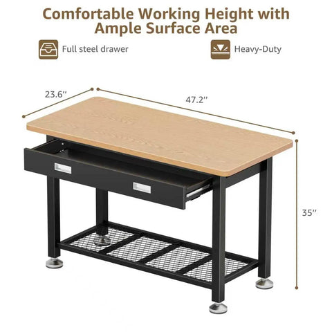 Beast Heavy Duty Work Bench With Drawer And Storage For Garage And Shop, 2000 Lbs Steel Frame, scratch resistant top, dimensions.