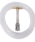 Transparent air hose connected to a brass fitting, used with Keep Your Cool Under Pressure With This Tough Aluminum Industrial Cooling Vest Leveraging Pro Vortex Tube Tech To Pump Raw Compressed Air Cooling Directly Over You All Shift Without Plugs Or Batteries.