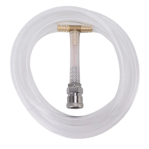 Transparent air hose connected to a brass fitting, used with Keep Your Cool Under Pressure With This Tough Aluminum Industrial Cooling Vest Leveraging Pro Vortex Tube Tech To Pump Raw Compressed Air Cooling Directly Over You All Shift Without Plugs Or Batteries.